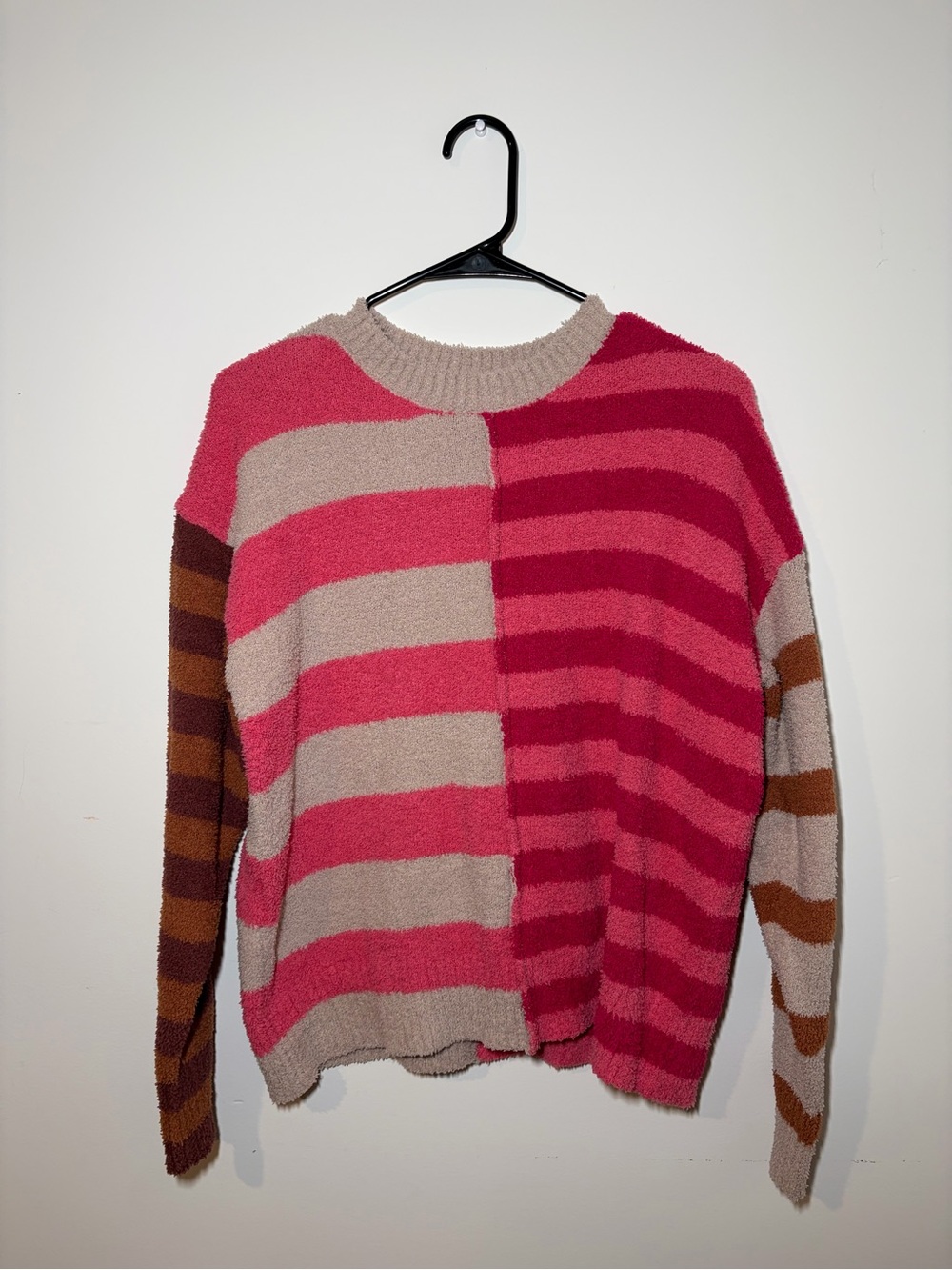 easel Pink and Taupe Striped Crewneck Sweater with Brown-Striped Sleeves